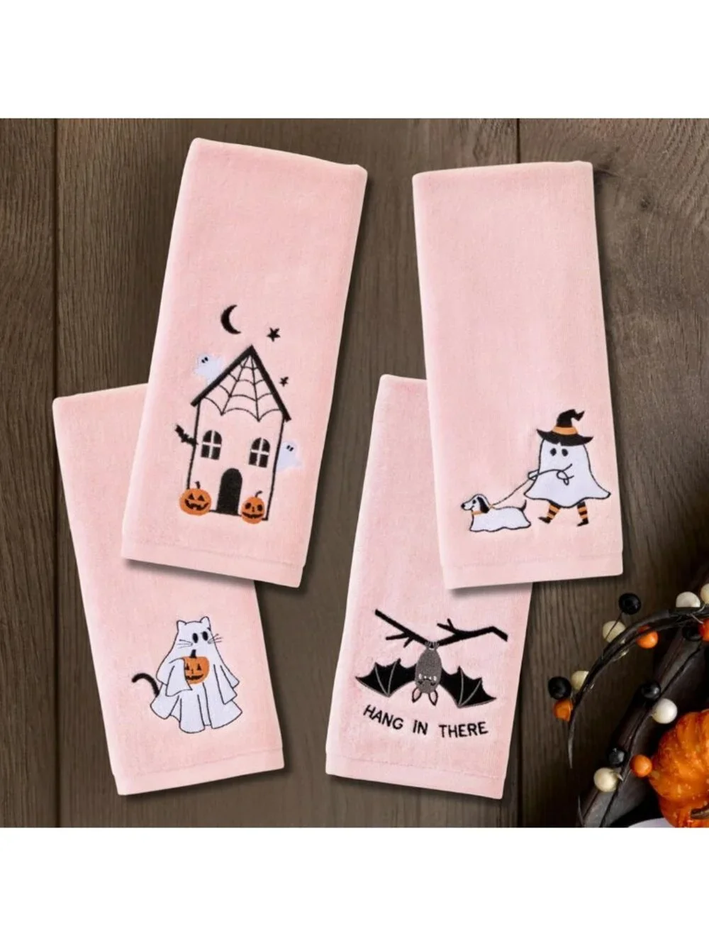 Embroidered Halloween Ghost Cat Hand Towel Set - 100% Cotton, Decorative